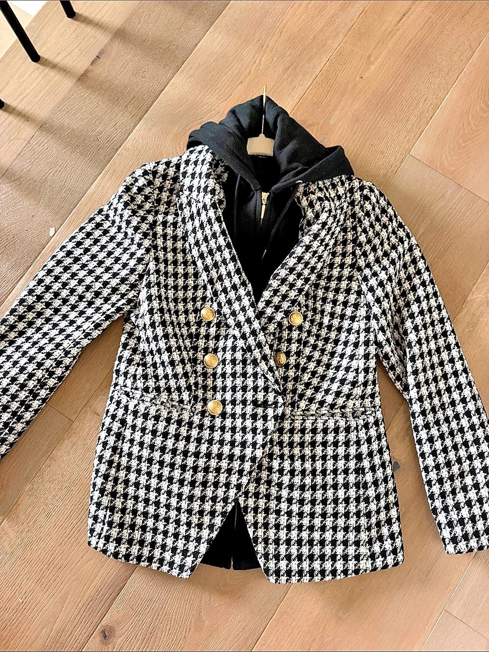 Express Mini Houndstooth Double Breasted Long Slim Blazer Hooded Blazer XS